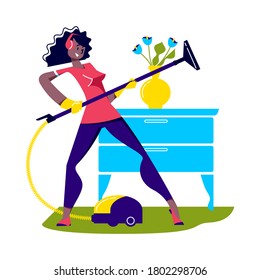 Girl dancing while cleaning room with vacuum cleaner. Cartoon female having fun doing housekeeping in living room. Domestic work and household concept. Vector illustration