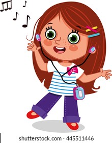 Girl dancing while listening to music clipart of vector.