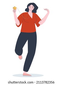 Girl dancing. Young woman listens to music with headphones and enjoys. Isolated, on a white background. Flat vector.
