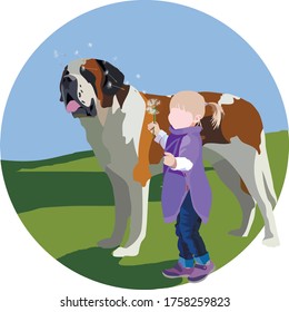 girl with dandelion and a big dog vector illustration