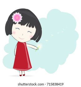 Girl with dandelion flower on green background