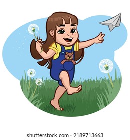 girl dandelion paper airplane happy