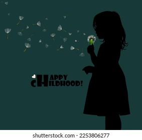 Girl with dandelions on a dark background. Happy childhood. Vector illustration
