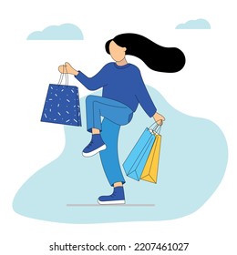 A girl in a dark blue dress with clouds in a flat style is returning from shopping. Flat style girl illustration 