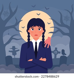 Girl with Dark Dress in Graveyard Concept Wednesday. Girl with braids