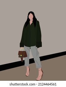 A girl in a dark green shirt, gray pants, heeled sandals and a handbag. Vector flat image of a young beauty. Design for postcards, avatars, posters, templates, textiles.