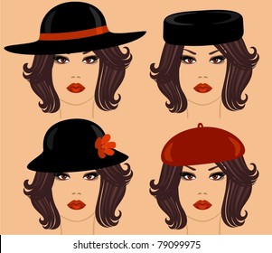 a girl with dark hair in different hats