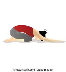 
a girl with dark hair in gray leggings and a red T-shirt sits in a yoga pose