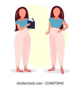 girl with dark hair in pink pants and blue blouse in different poses