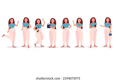 girl with dark hair in pink pants and blue blouse in different poses
