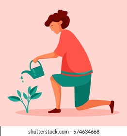 The girl with dark hair in pink shirt and blue shorts watering a plant. Vector cartoon illustration. Character