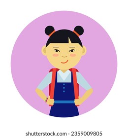 Girl with dark hair in school uniform vector. Multicolored flat vector circle icon representing girls activities concept isolated on white background