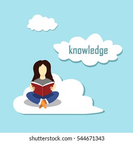 girl with dark hair sit on the cloud in lotus position and read book
