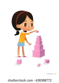 Girl with dark hair stands and builds tall pyramid using pink cubes. Child plays with bright colored blocks. Entertainment at kindergarten concept. Vector illustration for poster, banner, website.