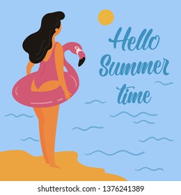 Girl with dark hair, wearing pink swimsuit and inflatable pink flamingo standing in the sunset, near the sea. Hello summer time. Relax on vacation, woman is ready to swim. Vector flat illustration.