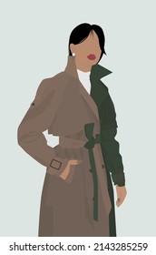 A girl with dark hair and a white shirt. Vector flat image of a lady in a two-tone green-gray cloak. Design for avatars, posters, backgrounds, templates, textiles, cards, portraits.