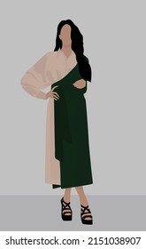 A girl with dark long hair in a dress and sandals. Vector flat image of a girl in a beige dress and a dark cape. Design for postcards, avatars, posters, backgrounds, templates, textiles.