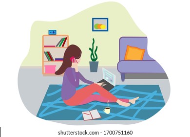 a girl with dark long hair is sitting on the floor in a room with furniture and talking on the phone and looking at a laptop. next is an open notebook and a cup of coffee