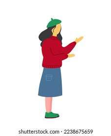 Girl with dark long hair. A stylized illustration of a girl pointing forward. Girl in a beret, sweater and skirt.

