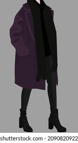 Girl in a dark dark outfit. Vector flat image of a lady in a coat, with a scarf, pants and boots. A young lady in a winter look. Design for cards, posters, backgrounds, templates, textiles, avatars.