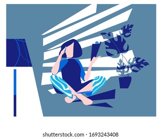A girl in the dark is reading a book.  Character vector illustration. Stay at home and read book.