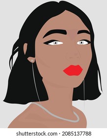 Girl with dark short hair, jewelry and bright makeup. Vector flat image of a cute lady. Design for avatars, posters, backgrounds, templates, cards, textiles.