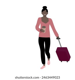Girl with dark skin color, a paper cup of coffee in one hand and a suitcase in the other, isolated on white, simple illustration, flat style, minimalism