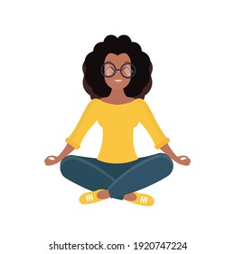 A girl with dark skin sits in a pose of meditation with flying, flowing hair. Healthful body, mind and emotions, yoga and lotus postures. Isolated. Vector illustration