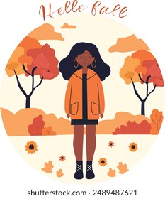 Girl, dark, stylish, autumn, in coat, cute, minimalistic, on a walk, in park, autumn trees, bright, postcard, poster, poster, post, flt, illustration, vector, beautiful, colorful holiday, festive, fes