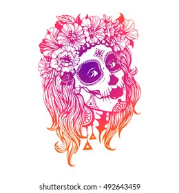 Girl With Day Of The Dead Makeup Hand Drawn Stock Vector Illustration