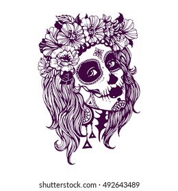 girl with day of the dead makeup hand drawn stock vector illustration