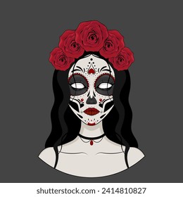 Girl with Day of Dead makeup and red roses in her hair. Sugar skull girl. Dia De Los Muertos