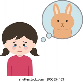 Girl Dealing With The Death Of Her Pet Rabbit. Vector Illustration Isolated On White Background.