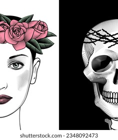 The girl and death. The theme of beauty and ugliness, life and death, youth and old age. Half of the beautiful girl's face is connected to half of the skull. Vector illustration.