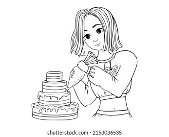 The girl decorates the cake with cream. People are preparing for a birthday party and celebrating the holiday. Preparation for the holiday. Vector illustration isolated on white background.