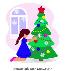 Girl decorates the Christmas tree for the holiday. Vector illustration.
