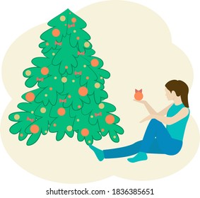 Girl decorates a Christmas tree for new year and christmas.Vector.