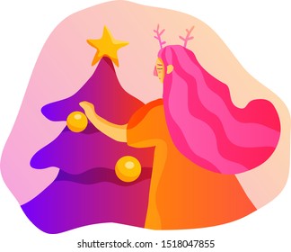 Girl decorates a Christmas tree. Girl with pink hair and horns. Fairytale character. Book illustration for children.
