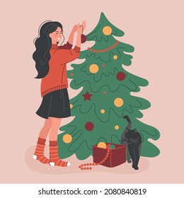 Girl decorates christmas tree. Preparing for the new year. Vector image.