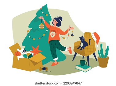 La chica decora el árbol de Navidad. Preparándose para Navidad y Año Nuevo. Carácter elegante y ambiente acogedor. Imagen vectorial.