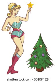 girl decorates the Christmas tree . Vector retro illustration in white background for greeting card