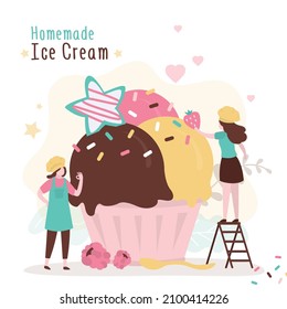 Niña decora helados caseros con espolvorines y bayas. Dos trabajadores preparando postre de verano. Bolas de vainilla, chocolate y helado de fresa en taza. Ilustración vectorial plana