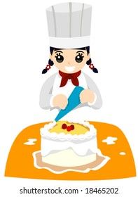 Girl Decorating Cake - Vector