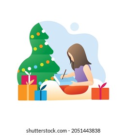 Girl decorating Christmas tree with greeting cards and gift boxes