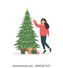 Girl decorating a christmas tree with presents isolated on white background. Flat vector illustration, for card, posters, web.