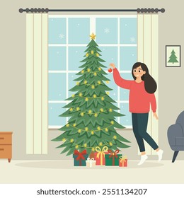 Girl decorating a christmas tree with presents. Cozy home holiday. Flat vector illustration, for card, posters, web.