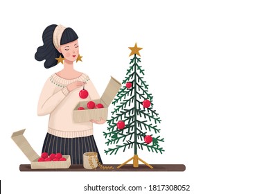 Girl decorating Christmas tree with red baubles.  Colorful vector illustration in flat cartoon style.