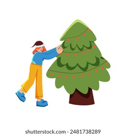 Girl decorating Christmas tree semi flat color vector character Woman Standing on Stairs Decorating Christmas Tree Woman and man decorate Christmas Tree Gift boxes are near Christmas Tree