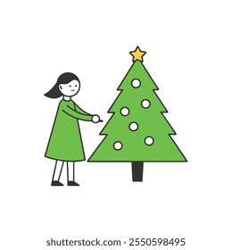 A girl decorating a Christmas tree vector element.