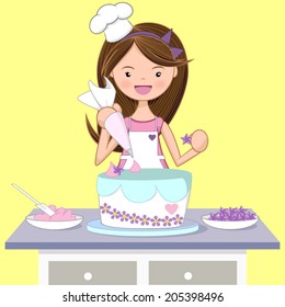 Girl decorating delicious cake using pastry bag and sweet stars.